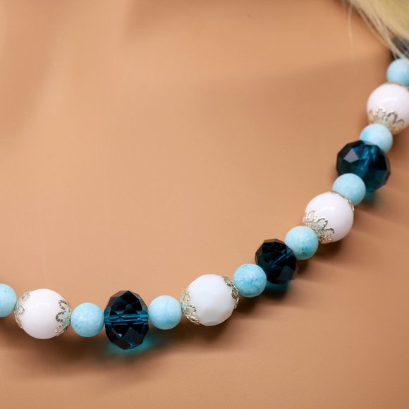 Necklace Crystal Milk Glass Beads Amazonite Stones Silver Bead Capping - Picture 3 of 3